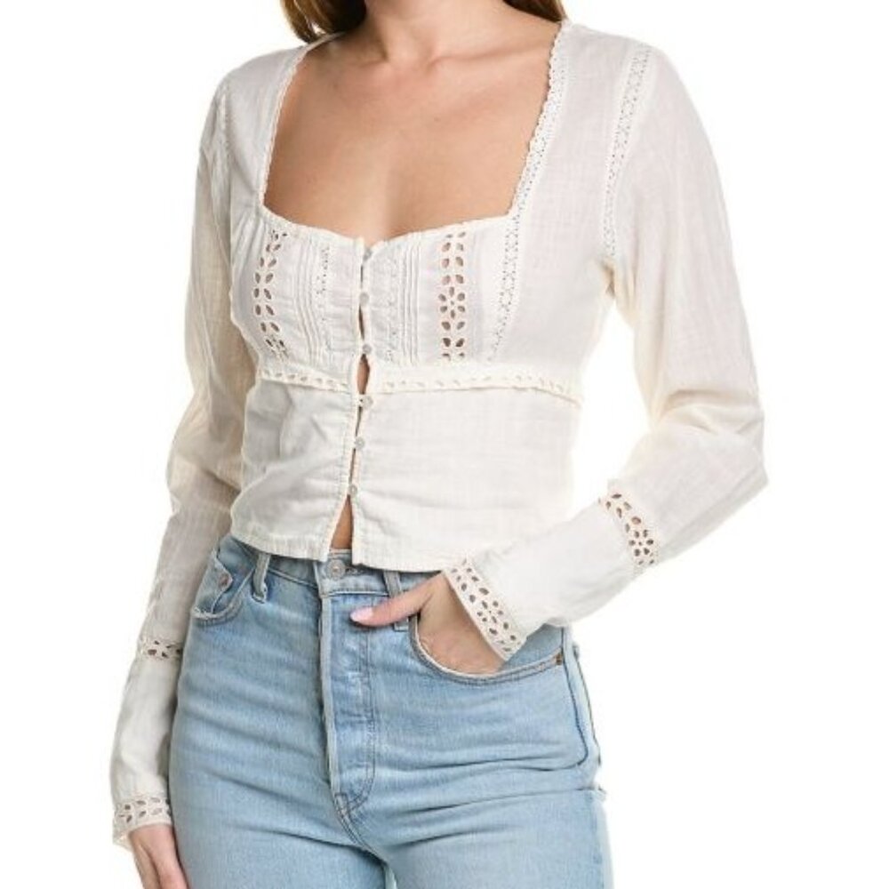 Free People Ivory Crochet-Trim Button Front Crop Top